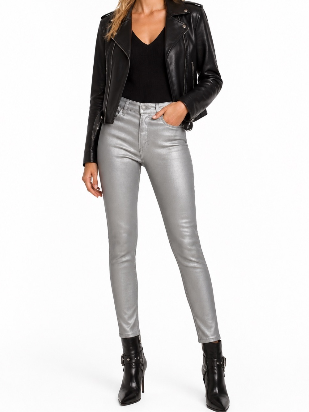 $378 AG Adriano Goldschmeid Farrah High-Rise Chrome Cast Coated Denim Jeans